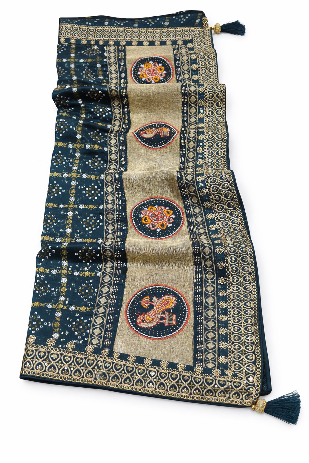 Kerosene Colour Bandhani Saree with Traditional Box Pallu Work