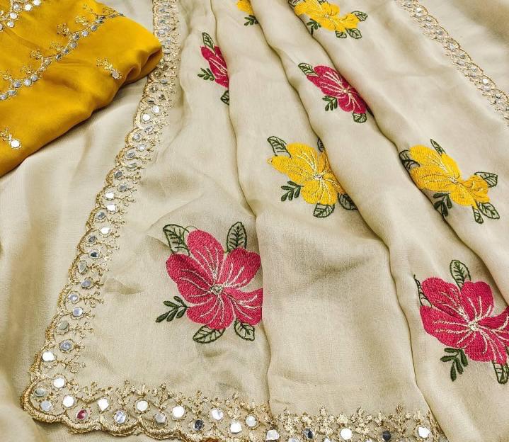 Elegant Cream Floral Saree with Mustard Yellow Blouse – Festive & Party Wear With Miror Work border