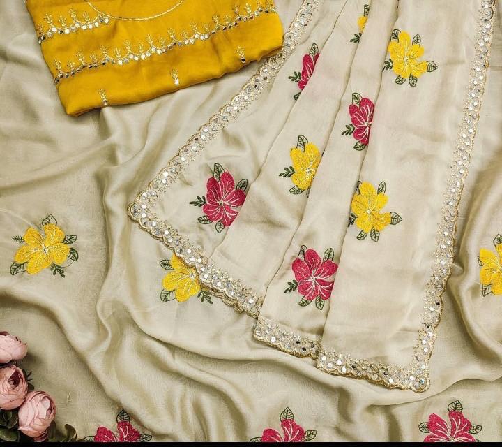 Elegant Cream Floral Saree with Mustard Yellow Blouse – Festive & Party Wear With Miror Work border