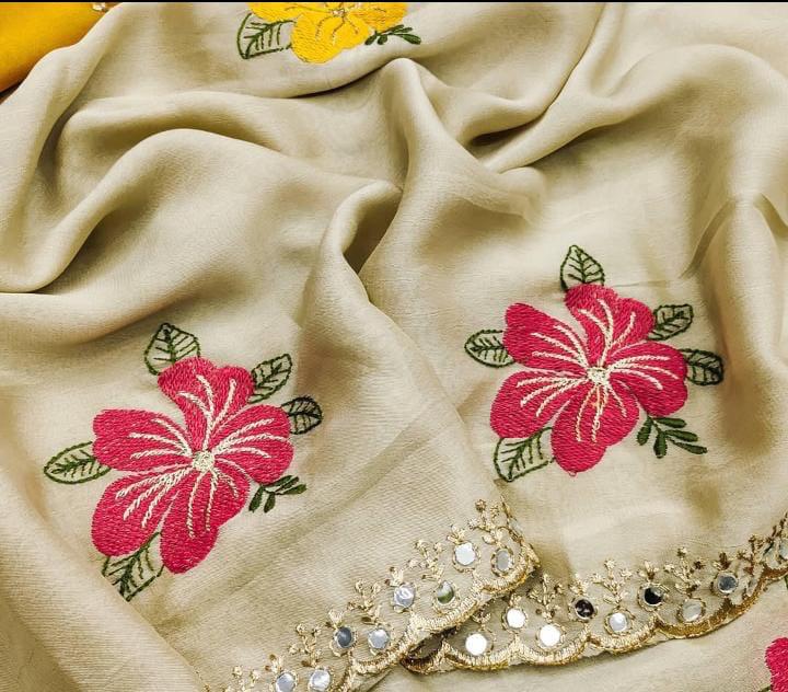 Elegant Cream Floral Saree with Mustard Yellow Blouse – Festive & Party Wear With Miror Work border