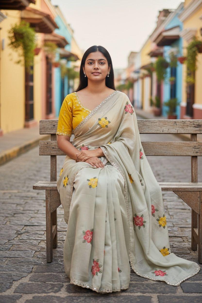 Elegant Cream Floral Saree with Mustard Yellow Blouse – Festive & Party Wear With Miror Work border