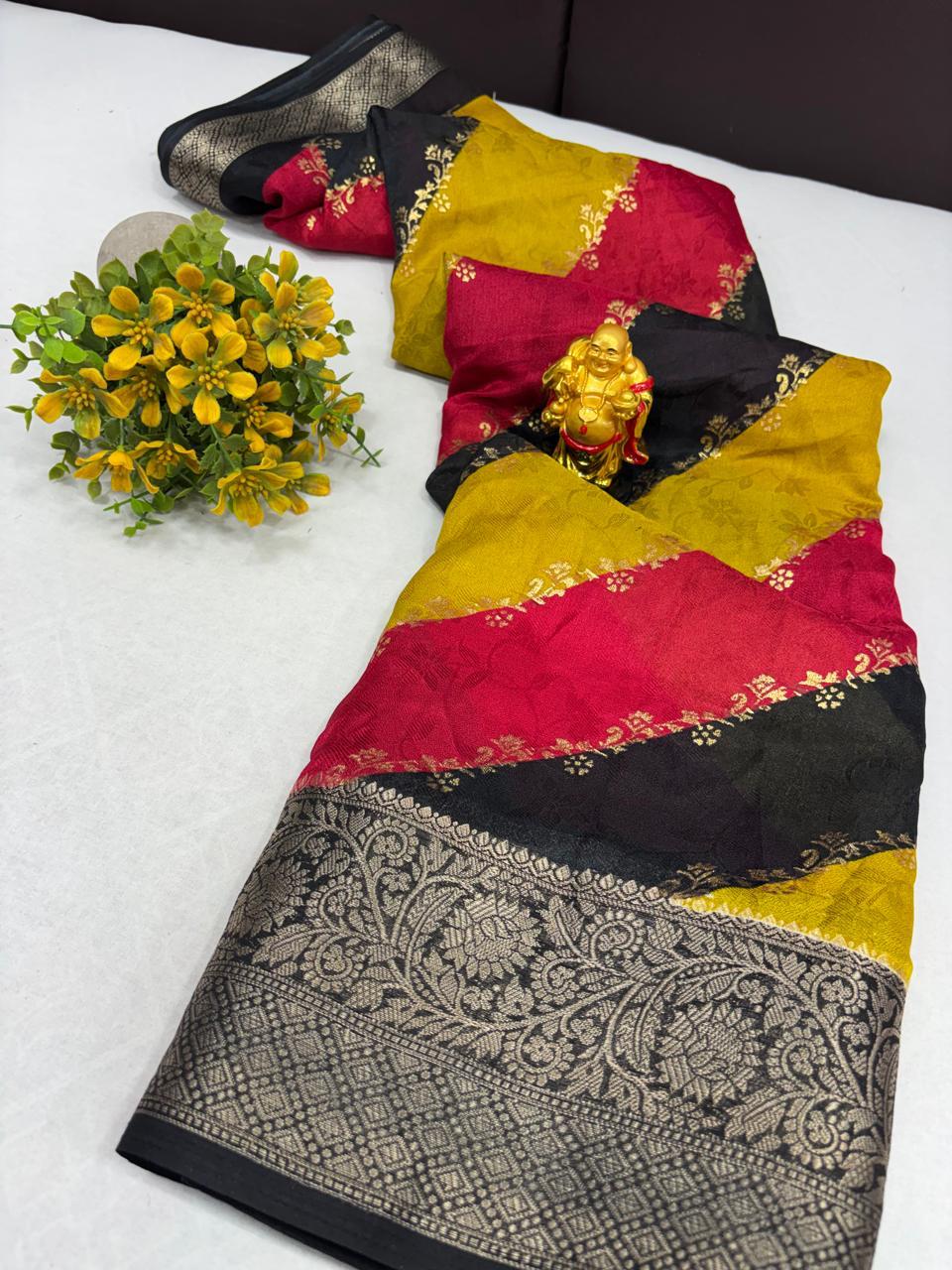 Mushroom Silk Leheriya Saree with Foil Print & Rich Zari Border – Festive Wear