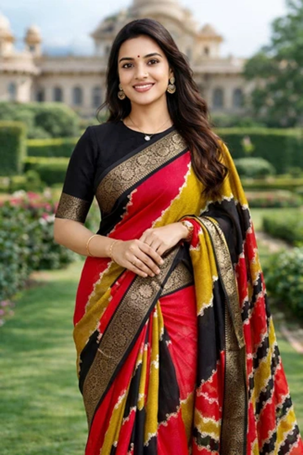 Mushroom Silk Leheriya Saree with Foil Print & Rich Zari Border – Festive Wear