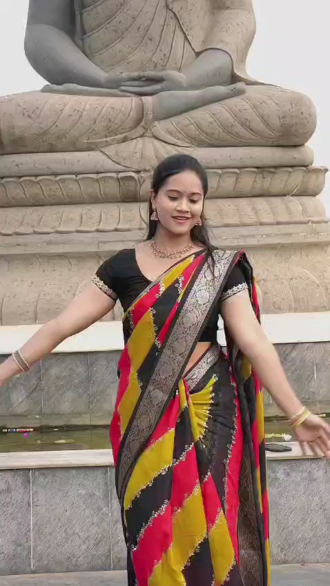 Mushroom Silk Leheriya Saree with Foil Print & Rich Zari Border – Festive Wear