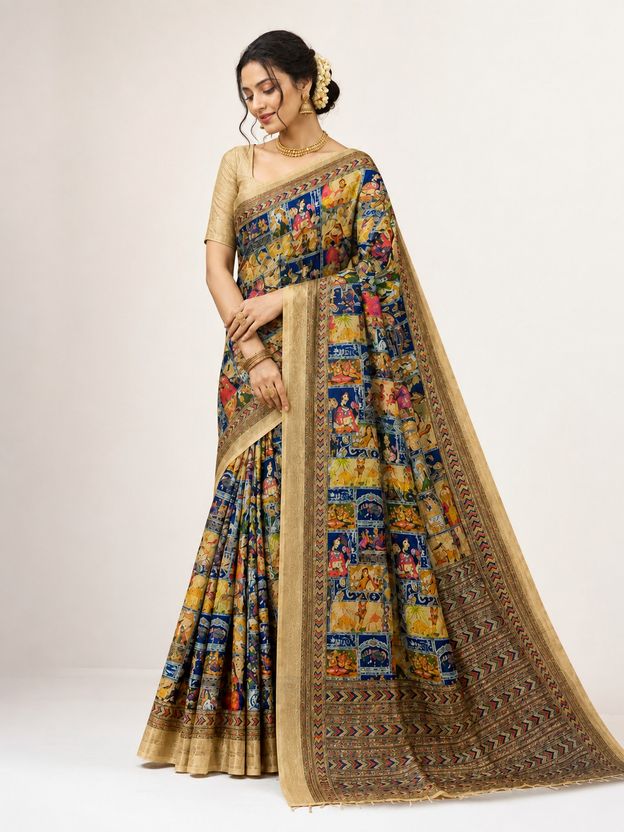 Heritage Canvas Pichwai Block Mosaic Saree - Jacquard Cotton Silk saree | Mumbai Bazar