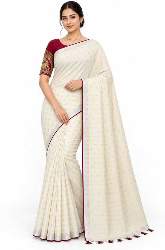 Champagne Beige Woven Saree with Embroidered Blouse - Bollywood Woven Satin saree | Mumbai Bazar