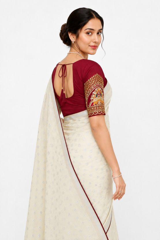 Champagne Beige Woven Saree with Embroidered Blouse - Bollywood Woven Satin saree, palla detail | Mumbai Bazar